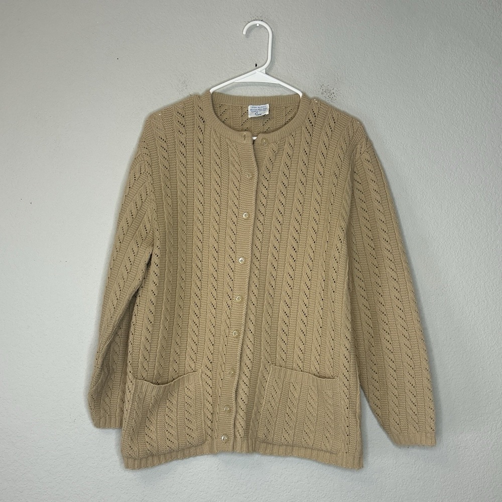 Vintage 70's Sears Cable Knit Pointelle Cardigan Sweater Women's L Tan Solid